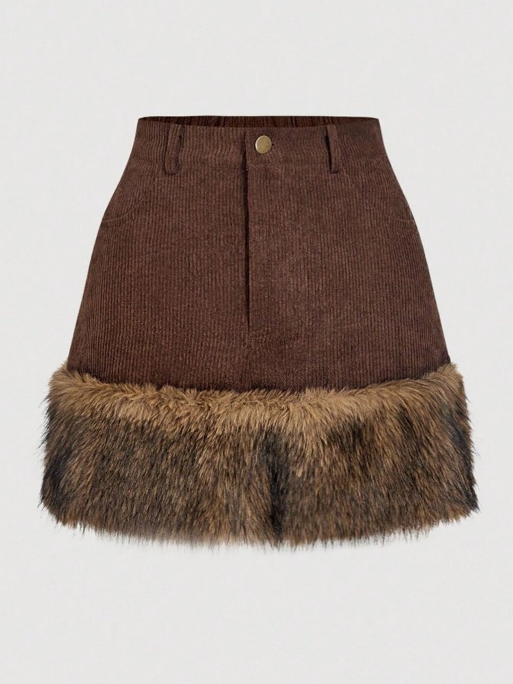 Brown Chic Western Boho Women's Patchwork Faux Fur Corduroy A-Line Skirt